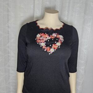 Quacker Factory Black Embellished Blouse with Pink Floral Design